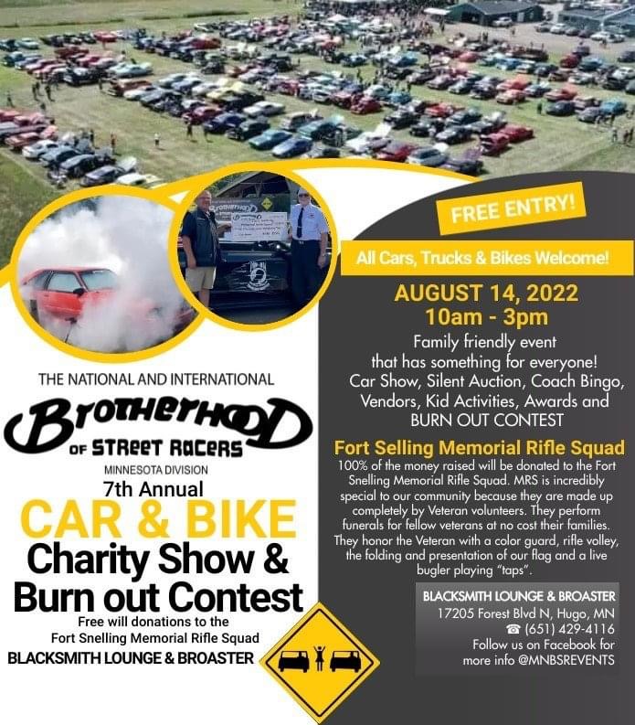 MN BSR CAR & BIKE SHOW & BURNOUT CONTEST AT BLACKSMITH LOUNGE ON SUNDAY AUGUST 14, 2022 POSTER